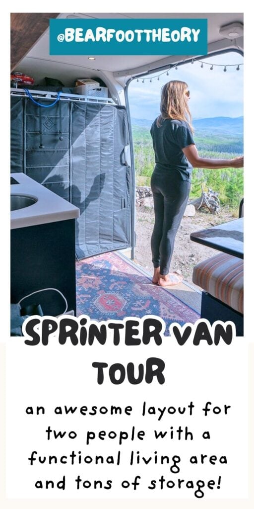 Woman standing in doorway of Sprinter van with text "Sprinter Van Tour -an awesome layout for two people with a functional living area and tons of storage!"