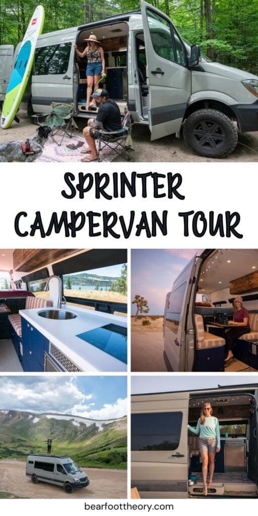 Collage of Interior and exterior photos of a sprinter van with text "SPrinter camper van tour"