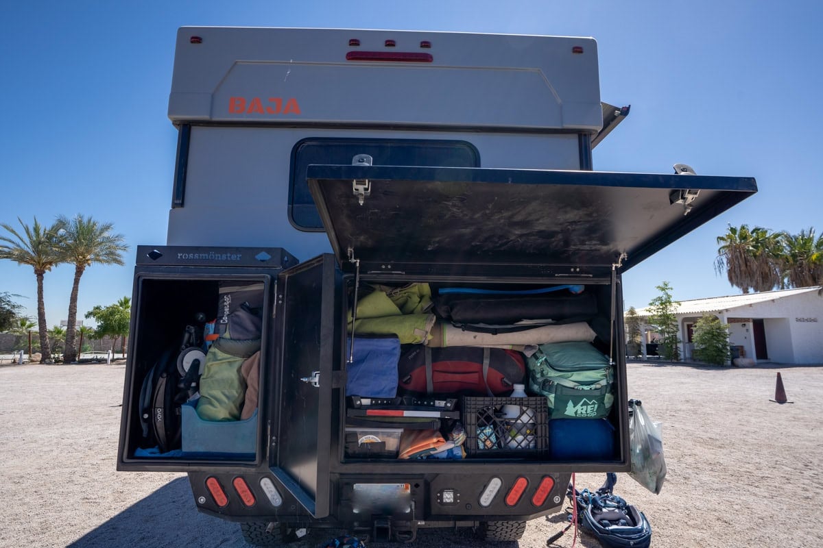 storage boxes on the back of the Rossmonster Baja Trail LX stuffed full of gear