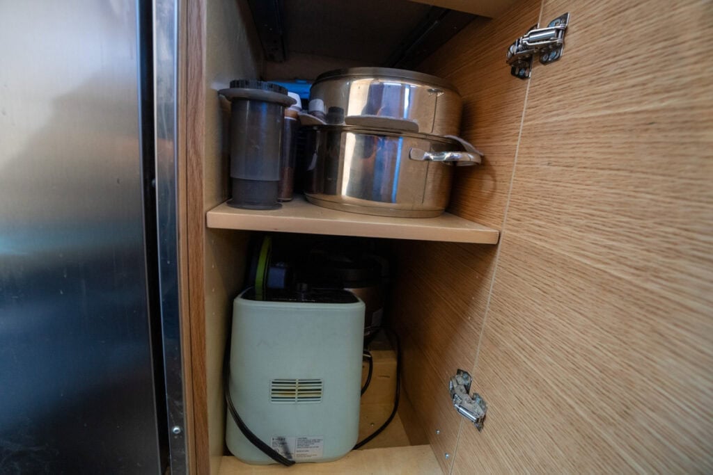 kitchen cooking equipment inside a cabinet in the Rossmonster Baja Trail LX