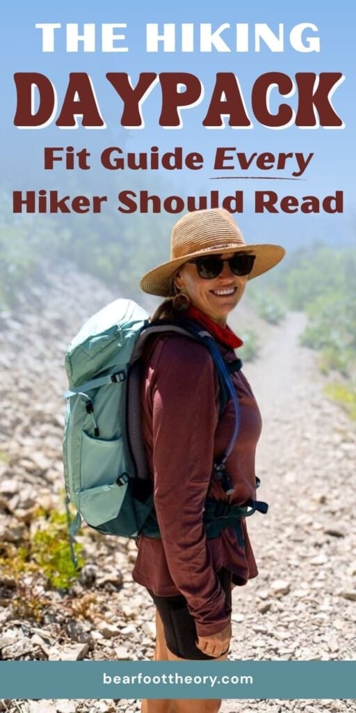 Image of a woman hiker in a daypack and sunhat with the text "The hiking daypack fit guide every hiker should read"