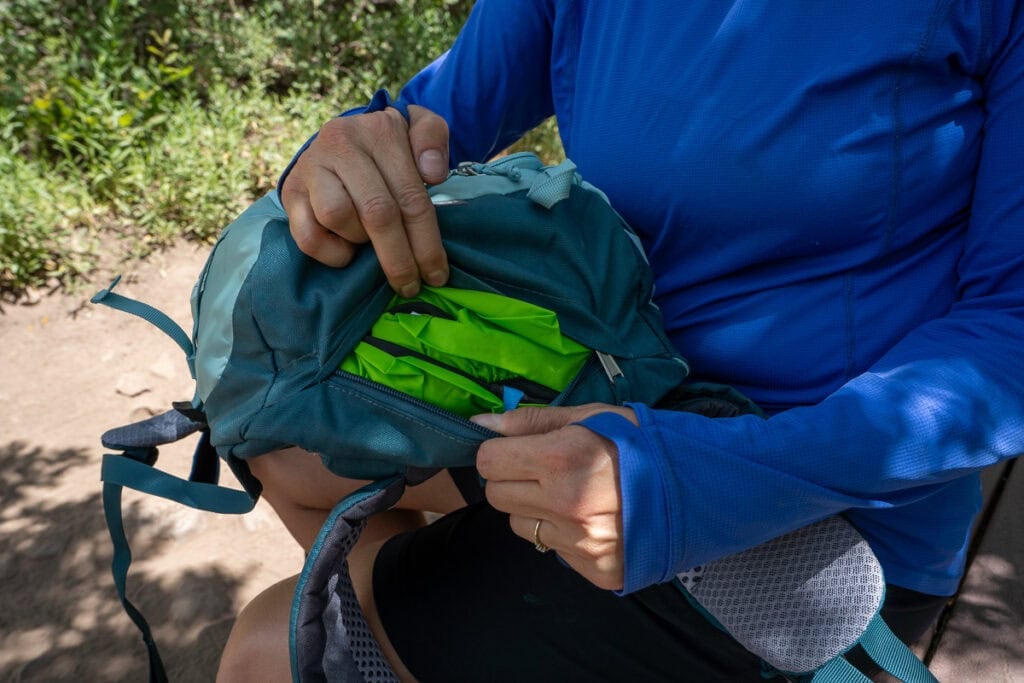Rain cover pocket in the deuter trail 28 sl hiking backpack