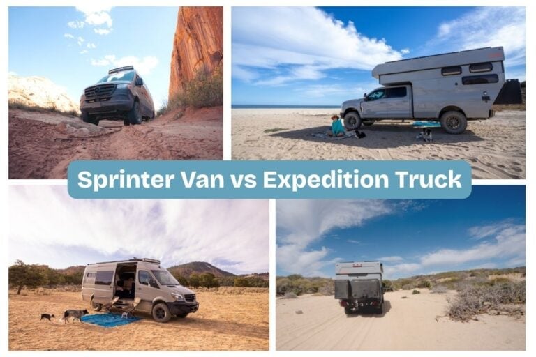 Comparison of Sprinter van and expedition truck for outdoor adventures and camping trips.